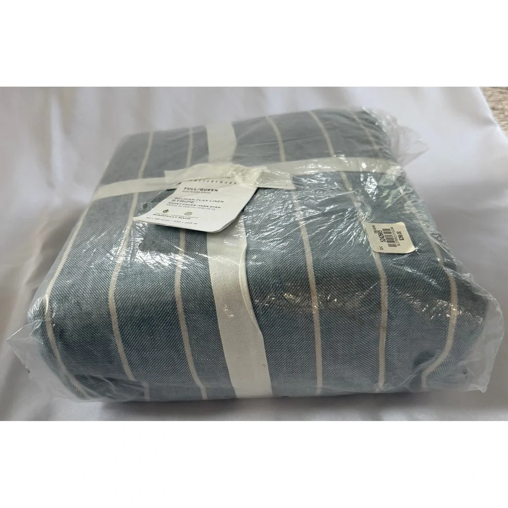 Pottery Barn Belgian Flax Linen Stripe Duvet Cover Full Queen Blue White NEW